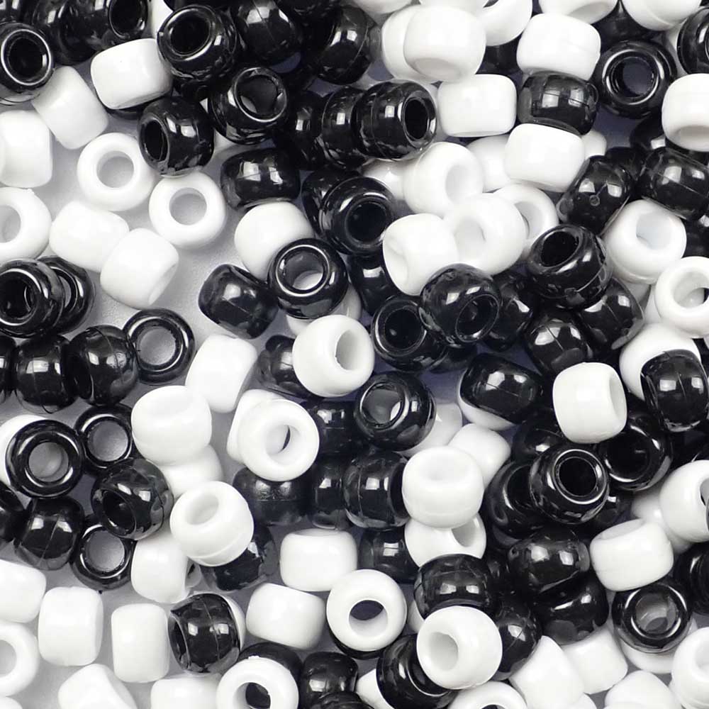 Black & White Mix Plastic Pony Beads. Size 6 x 9 mm. Craft Beads. Made in the USA.