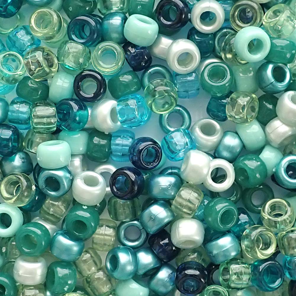 Teal Green Jewel Mix Plastic Pony Beads 6 x 9mm, 1000 beads