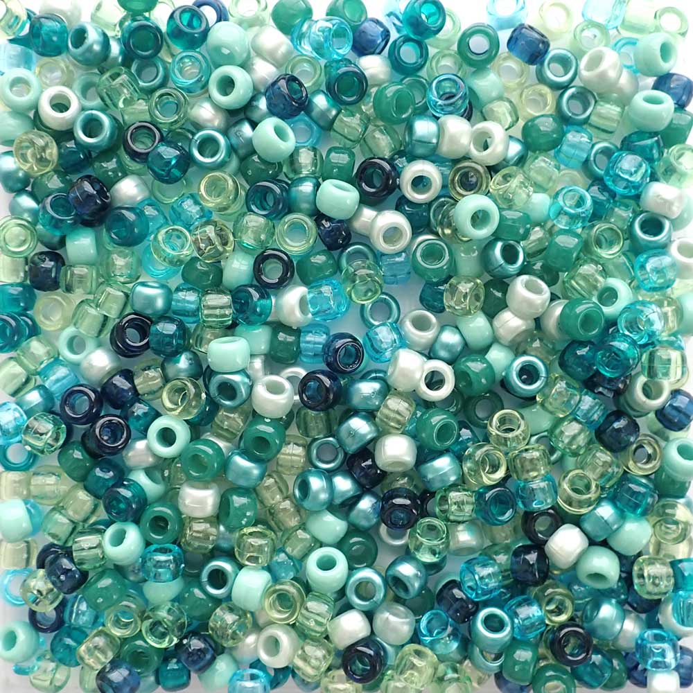 Teal Green Jewel Mix Plastic Pony Beads 6 x 9mm, 1000 beads
