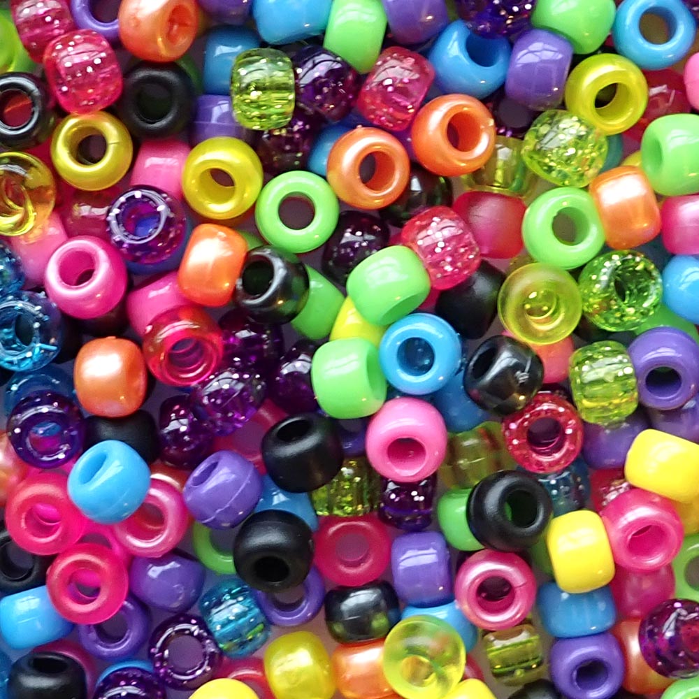 Party Mix Plastic Pony Beads 6 x 9mm, 1000 beads