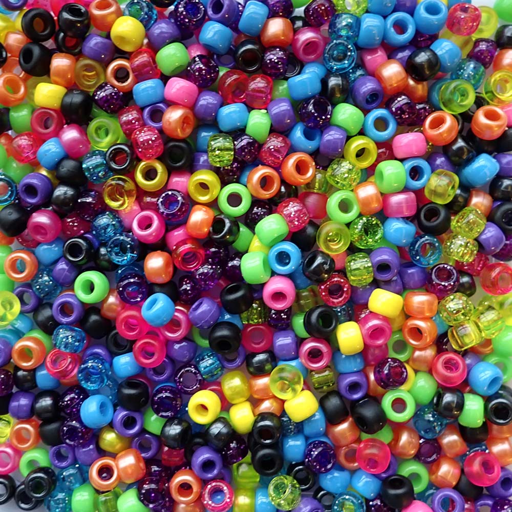 Party Mix Plastic Pony Beads 6 x 9mm, 1000 beads